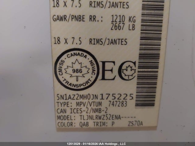 5N1AZ2MH0JN175225 Nissan Murano S/sl/sv/platinum
