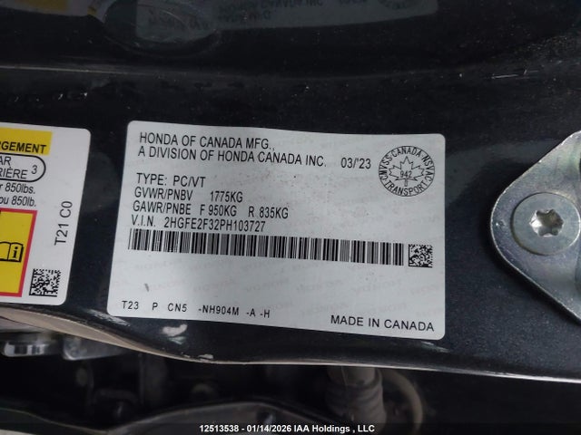 2023 Honda Civic Ex მანქანა იყიდება აუქციონზე, vin: 2HGFE2F32PH103727, აუქციონის ნომერი: 12513538