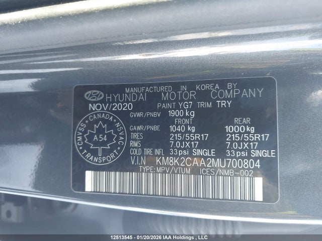 12513545 :رقم المزاد ، KM8K2CAA2MU700804 vin ، 2021 Hyundai Kona Preferred Awd مزاد بيع