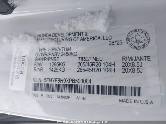 5FNYF8H9XPB503064 Honda Passport Touring