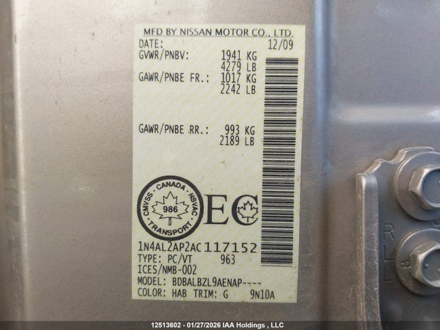 12513602 :رقم المزاد ، 1N4AL2AP2AC117152 vin ، 2010 Nissan Altima 2.5 S مزاد بيع