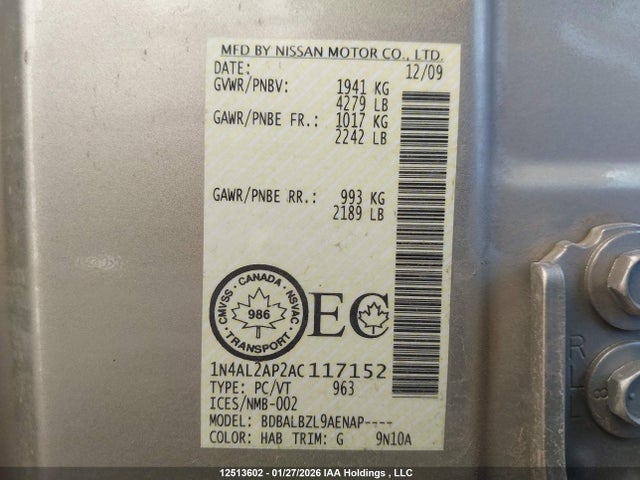 12513602 :رقم المزاد ، 1N4AL2AP2AC117152 vin ، 2010 Nissan Altima 2.5 S مزاد بيع