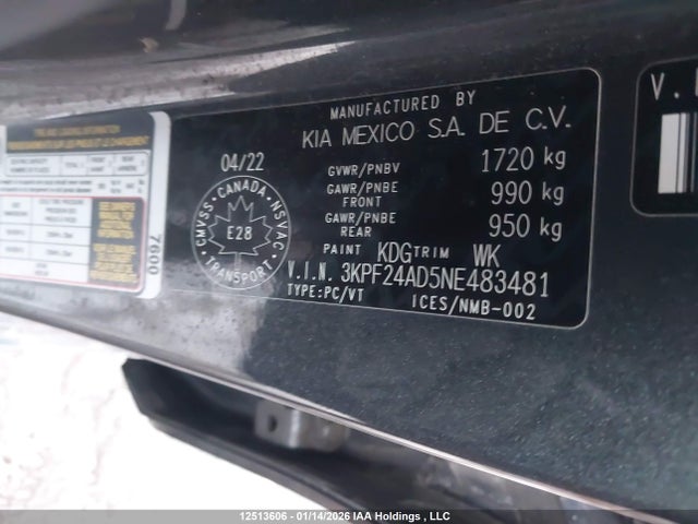 3KPF24AD5NE483481 KIA FORTE LX
