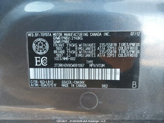 Aukcja sprzedaży 2012 Toyota Rav4 Sport V6, vin: 2T3RK4DV8CW081067, numer aukcji: 12513617