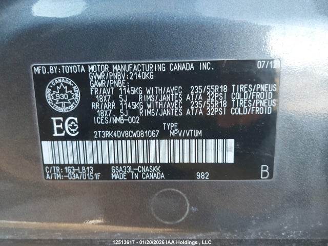 Aukcja sprzedaży 2012 Toyota Rav4 Sport V6, vin: 2T3RK4DV8CW081067, numer aukcji: 12513617