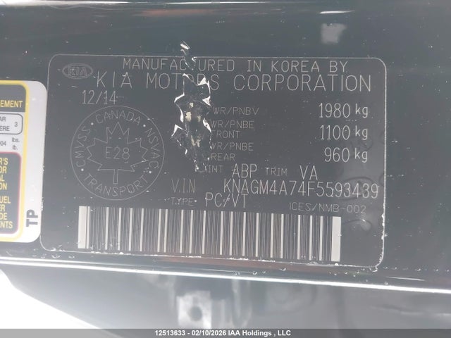 12513633 :رقم المزاد ، KNAGM4A74F5593439 vin ، 2015 Kia Optima Lx/lx Winter Edition مزاد بيع