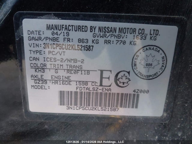 3N1CP5CU2KL521587 Nissan Kicks S/sr/sv