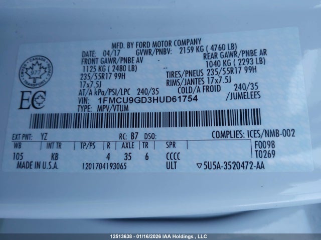1FMCU9GD3HUD61754 Ford ESCAPE SE