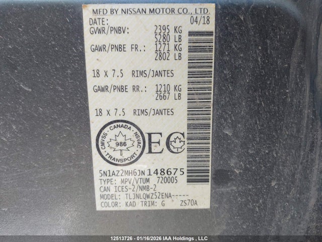 5N1AZ2MH6JN148675 Nissan Murano Midnight Edition/platinum/sl/sv