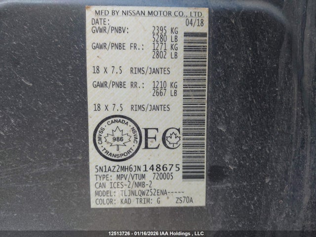 5N1AZ2MH6JN148675 Nissan Murano Midnight Edition/platinum/sl/sv