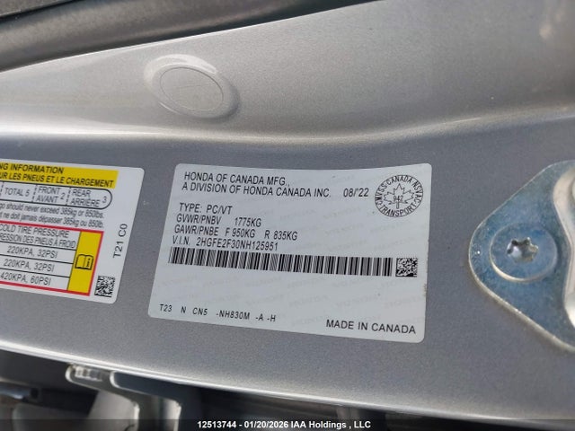 Продаж на аукціоні авто 2022 Honda Civic, vin: 2HGFE2F30NH125951, номер лоту: 12513744
