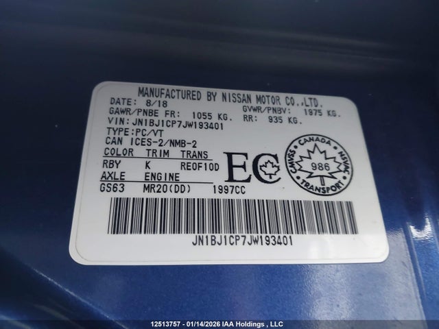 12513757 :رقم المزاد ، JN1BJ1CP7JW193401 vin ، 2018 Nissan Qashqai S/sv مزاد بيع