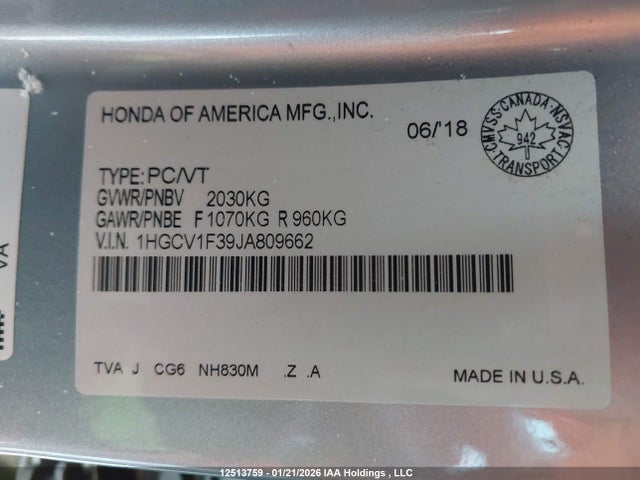 1HGCV1F39JA809662 Honda Accord Sport