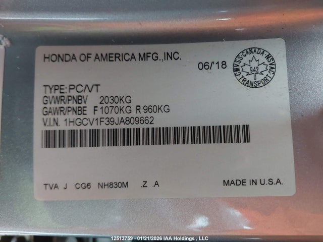 1HGCV1F39JA809662 Honda Accord Sport
