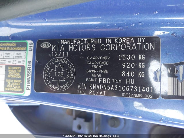 12513761 :رقم المزاد ، KNADN5A31C6731401 vin ، 2012 Kia Rio Ex/lx/lx+ مزاد بيع