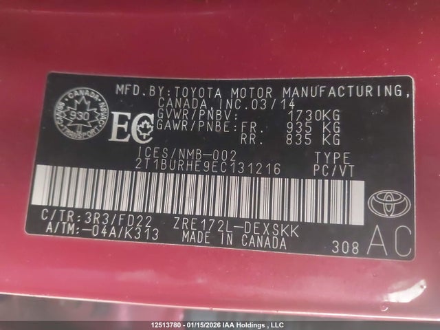 2T1BURHE9EC131216 Toyota Corolla L/le/le Pls/prm/s/s Pls