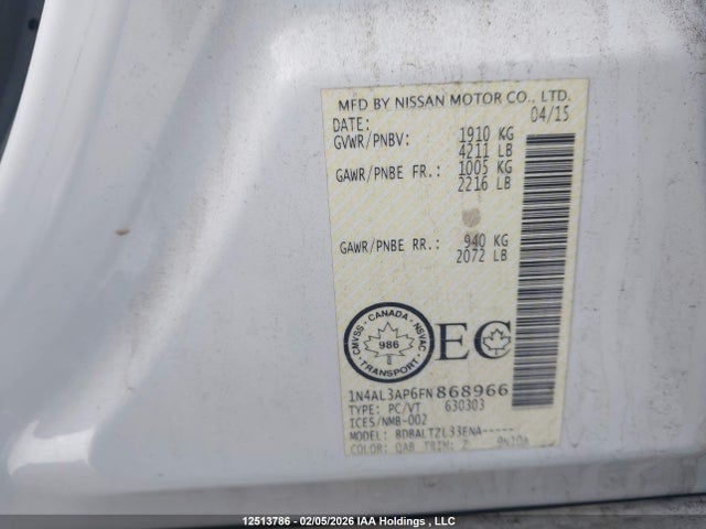 1N4AL3AP6FN868966 Nissan Altima 2.5/2.5 S/2.5 Sl/2.5 Sv