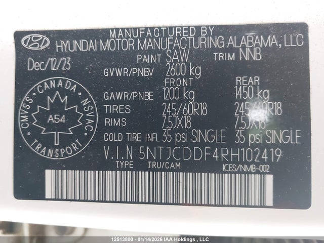 12513800 :رقم المزاد ، 5NTJCDDF4RH102419 vin ، 2024 Hyundai Santa Cruz Night مزاد بيع
