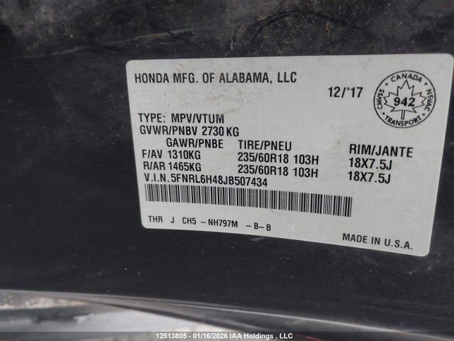 5FNRL6H48JB507434 Honda ODYSSEY EX