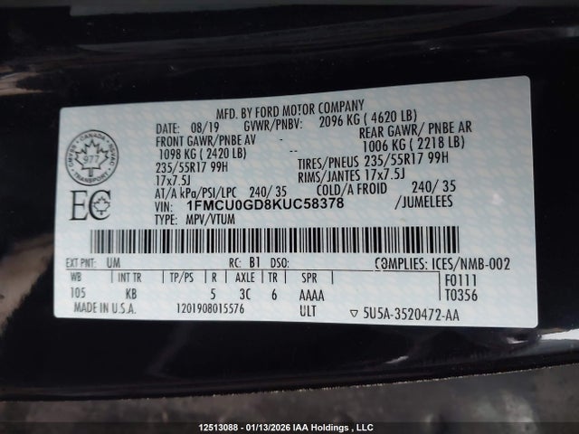 1FMCU0GD8KUC58378 Ford 1.5l gtdi sigma w/premium fuel