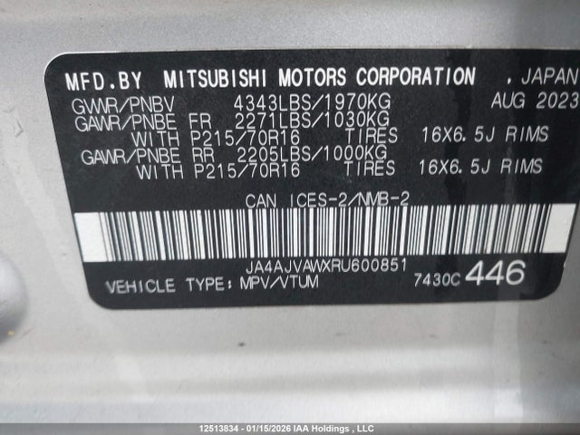 JA4AJVAWXRU600851 Mitsubishi Rvr Se/sel/noir/gt