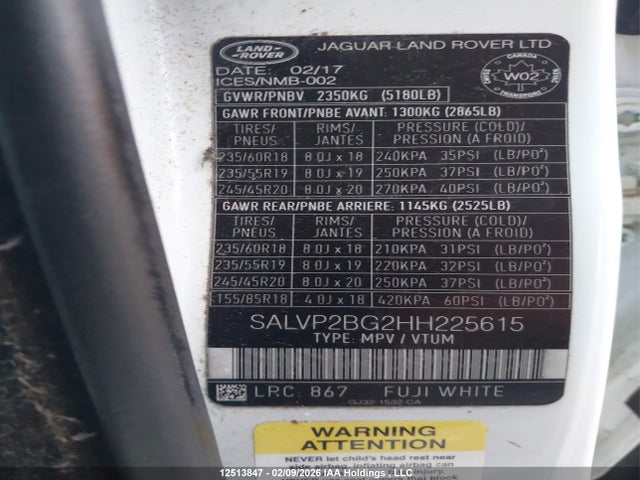 SALVP2BG2HH225615 Land Rover Range Rover Evoque Se
