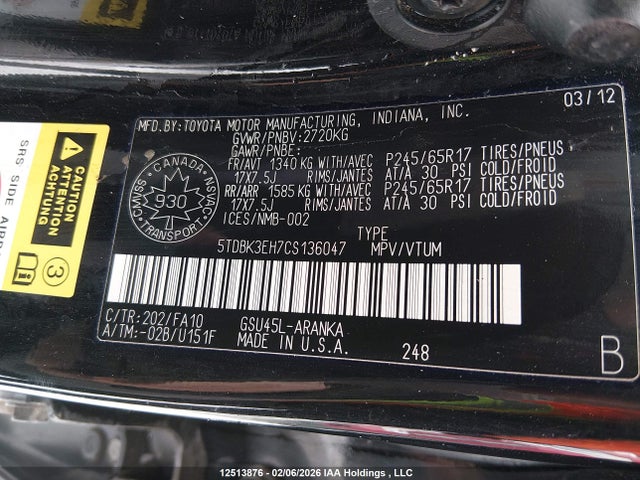 2012 Toyota Highlander Se მანქანა იყიდება აუქციონზე, vin: 5TDBK3EH7CS136047, აუქციონის ნომერი: 12513876