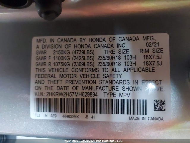 2HKRW2H57MH629894 Honda CR-V EX