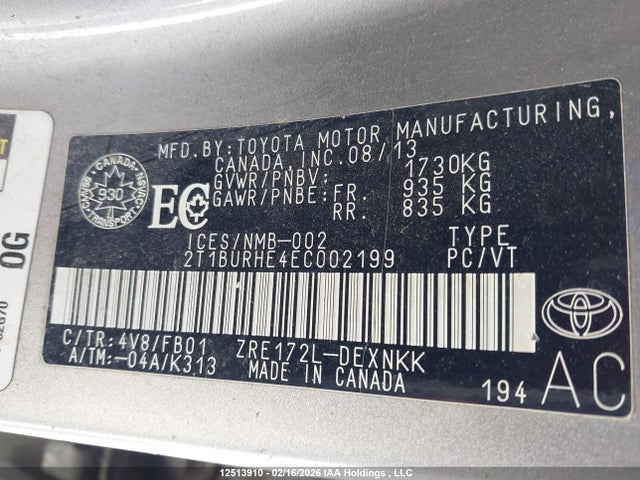12513910 :رقم المزاد ، 2T1BURHE4EC002199 vin ، 2014 Toyota Corolla Le مزاد بيع