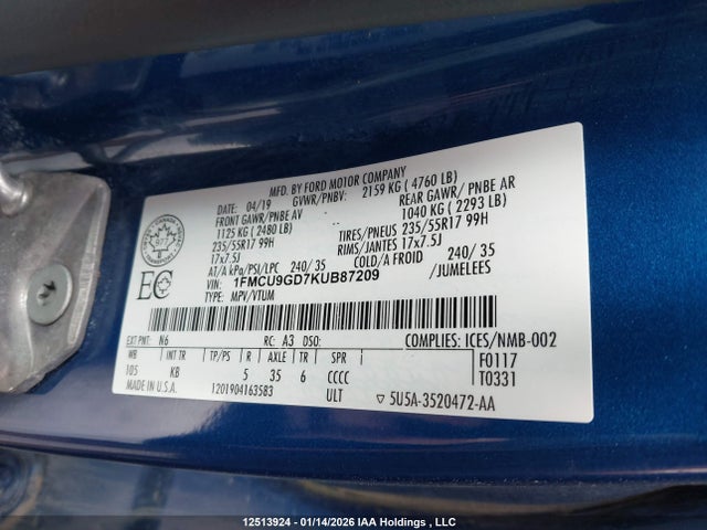 1FMCU9GD7KUB87209 Ford ESCAPE SE