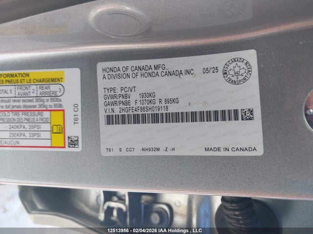 Продажа на аукционе авто 2025 Honda Civic, vin: 2HGFE4F86SH019118, номер лота: 12513956