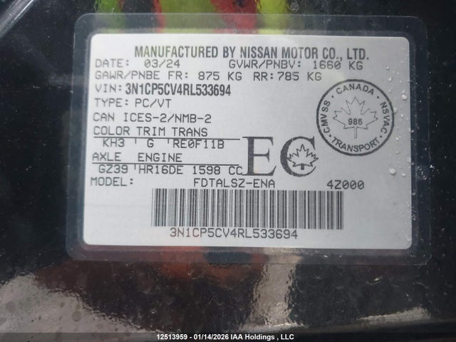 3N1CP5CV4RL533694 Nissan KICKS SV