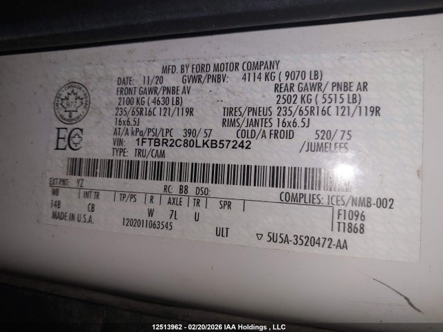 Aukcja sprzedaży 2020 Ford Transit T-250, vin: 1FTBR2C80LKB57242, numer aukcji: 12513962