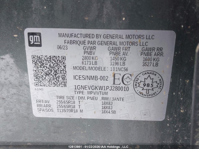 1GNEVGKW1PJ280010 Chevrolet Traverse Lt Cloth