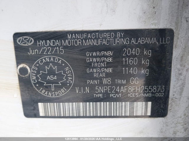 5NPE24AF8FH255873 Hyundai SONATA SE