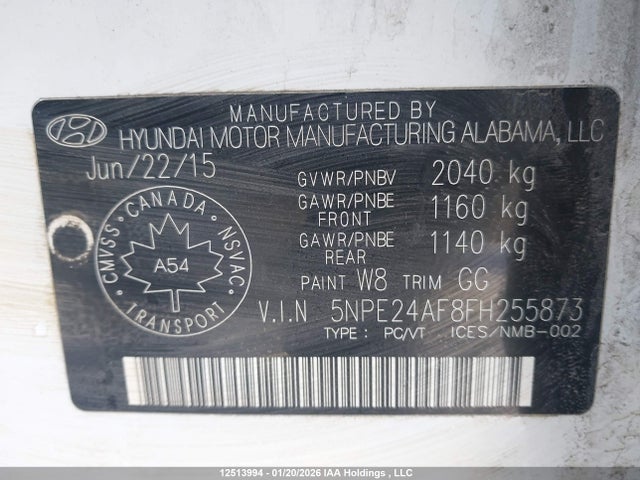 5NPE24AF8FH255873 Hyundai SONATA SE