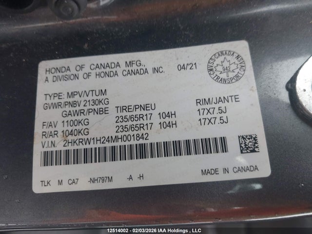 2HKRW1H24MH001842 Honda CR-V