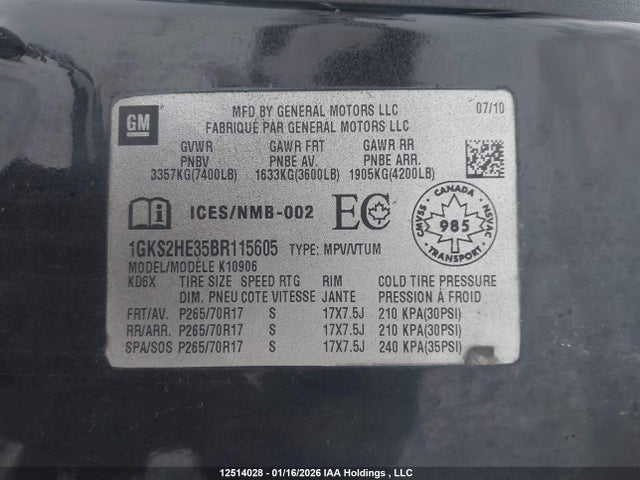 Aukcja sprzedaży 2011 Gmc Yukon Xl K1500 Sle, vin: 1GKS2HE35BR115605, numer aukcji: 12514028