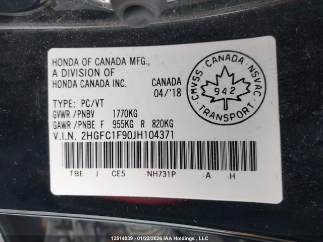 2HGFC1F90JH104371 Honda Civic Touring