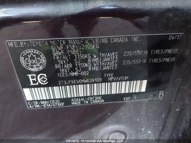 2T3JFREV0HW639109 Toyota RAV4 SE
