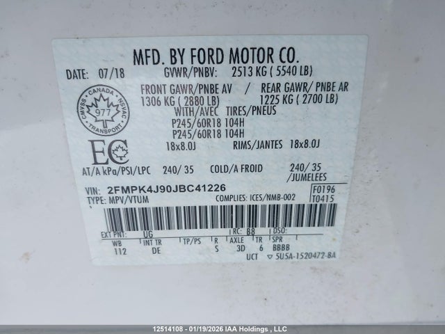 Продаж на аукціоні авто 2018 Ford Edge Sel, vin: 2FMPK4J90JBC41226, номер лоту: 12514108