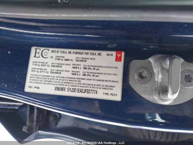 5YJ3E1EA2JF027774 Tesla Model 3 Long Range/mid Range