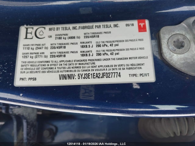 5YJ3E1EA2JF027774 Tesla Model 3 Long Range/mid Range