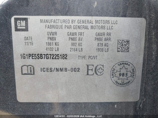 1G1PE5SB7G7225182 Chevrolet Cruze Limited 1lt