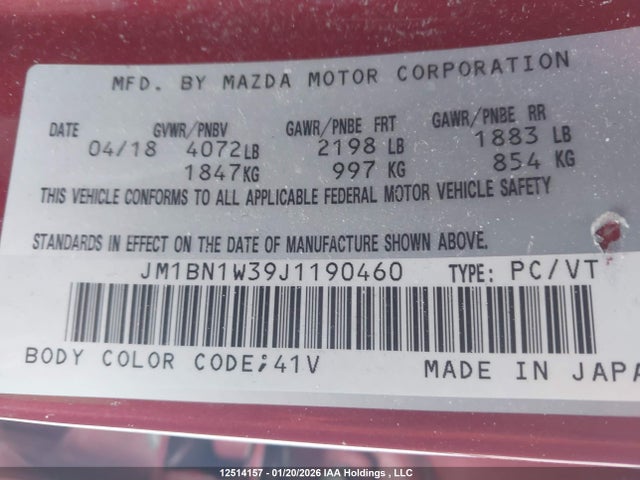 JM1BN1W39J1190460 Mazda Mazda3 Gt