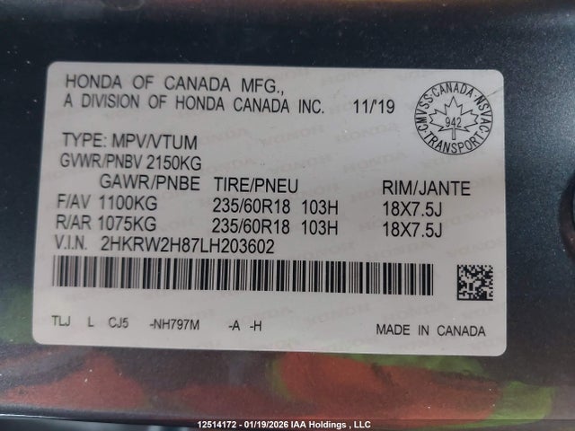 2HKRW2H87LH203602 Honda Cr-v Ex-l