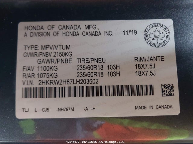 2HKRW2H87LH203602 Honda Cr-v Ex-l