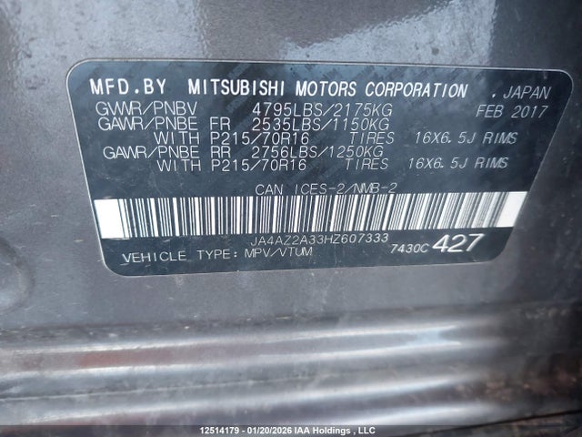 Aukcja sprzedaży 2017 Mitsubishi Outlander Es, vin: JA4AZ2A33HZ607333, numer aukcji: 12514179
