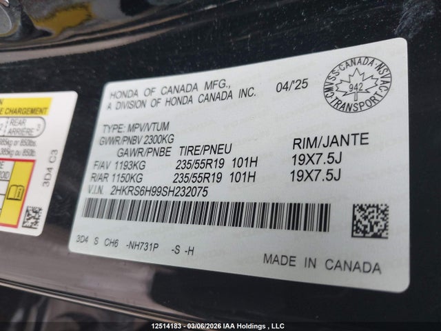 2HKRS6H99SH232075 Honda Cr-v Touring Hybrid
