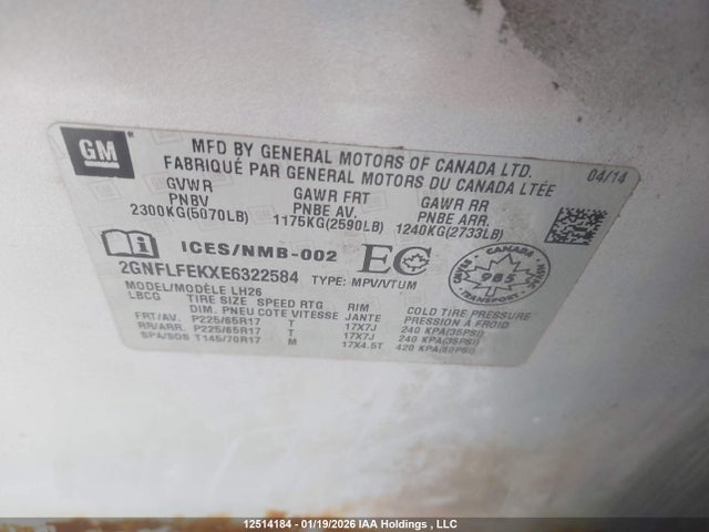 Aukcja sprzedaży 2014 Chevrolet Equinox 1lt, vin: 2GNFLFEKXE6322584, numer aukcji: 12514184